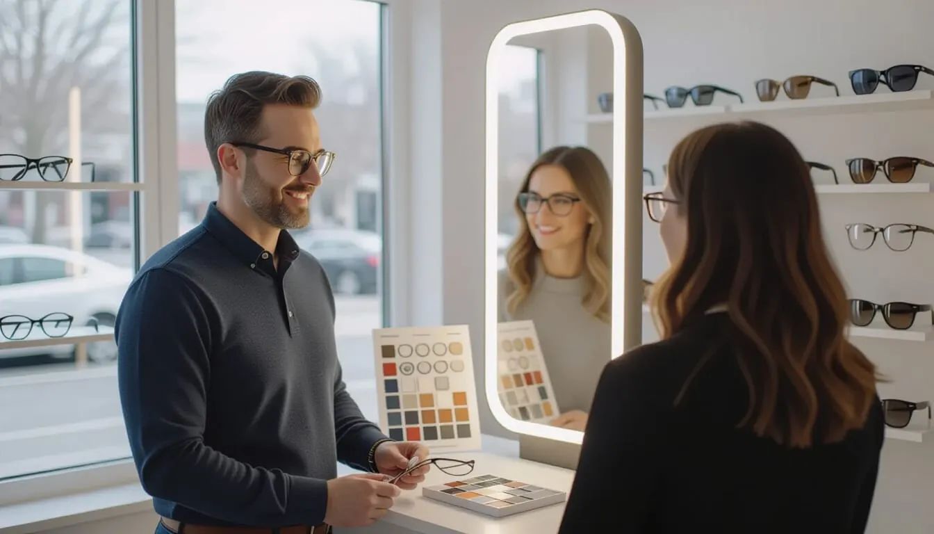 Optician fitting single vision eyeglasses in Newtonville