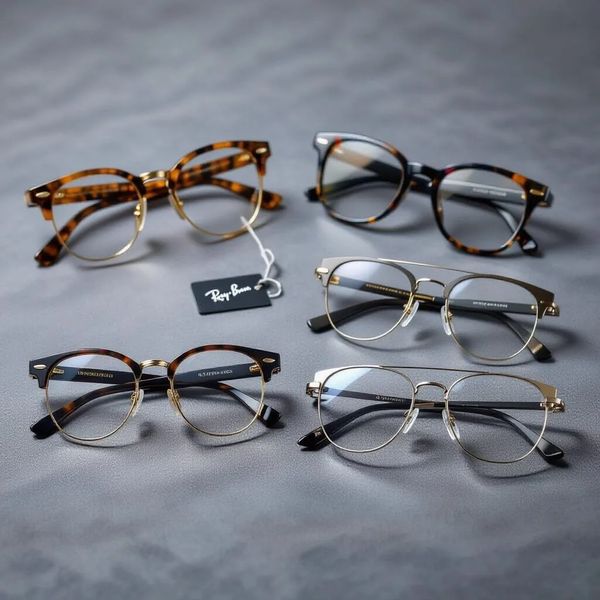 Curated men’s eyeglass frames including Ray-Ban and Gucci at The Optical Shop in Newtonville