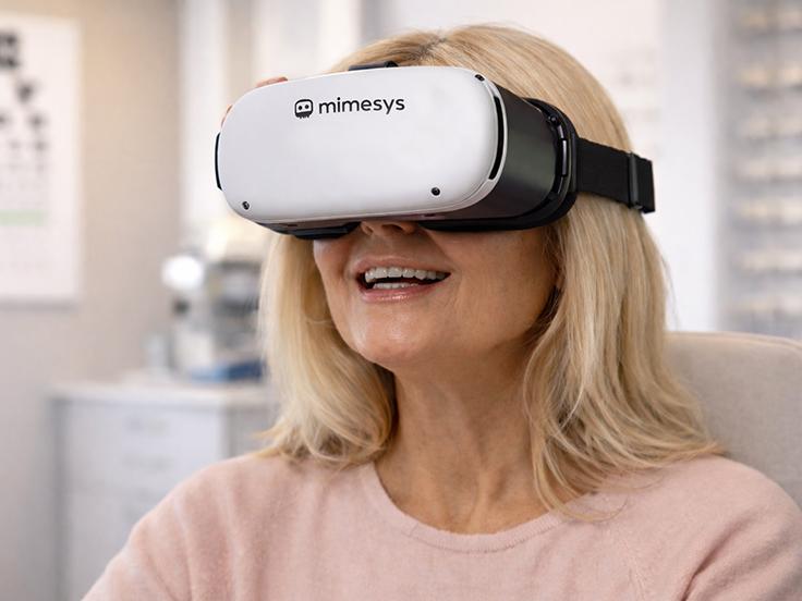 Patient using VR headset for personalized progressive lens fitting at an optical clinic