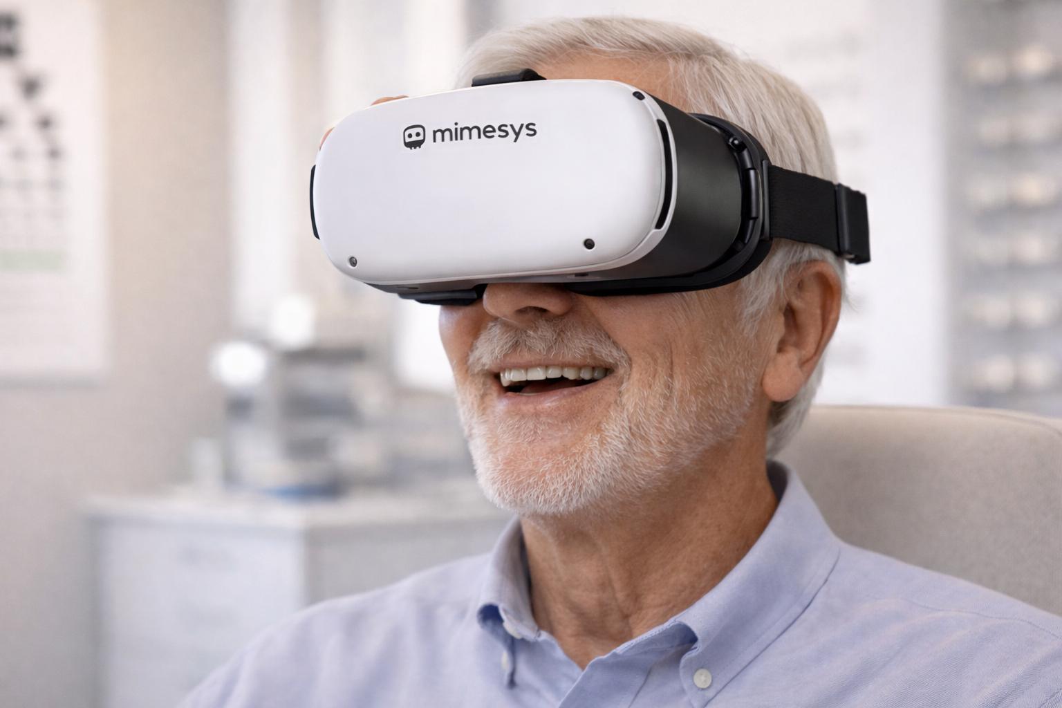 Older patient using VR headset for personalized progressive lens fitting at an optical clinic