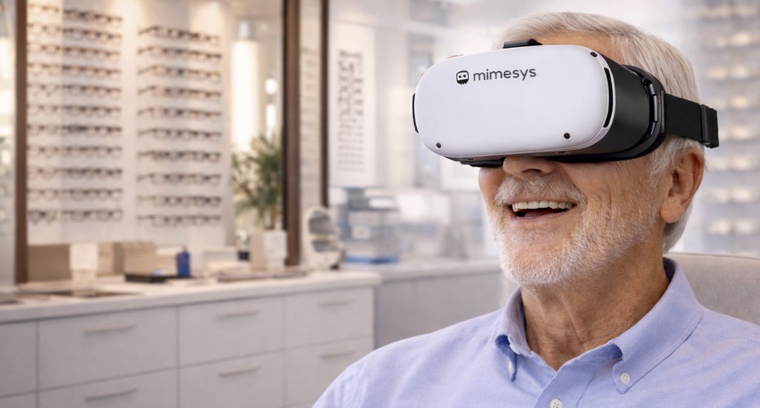 Man trying VR headset for personalized progressive lens fitting at an optical shop